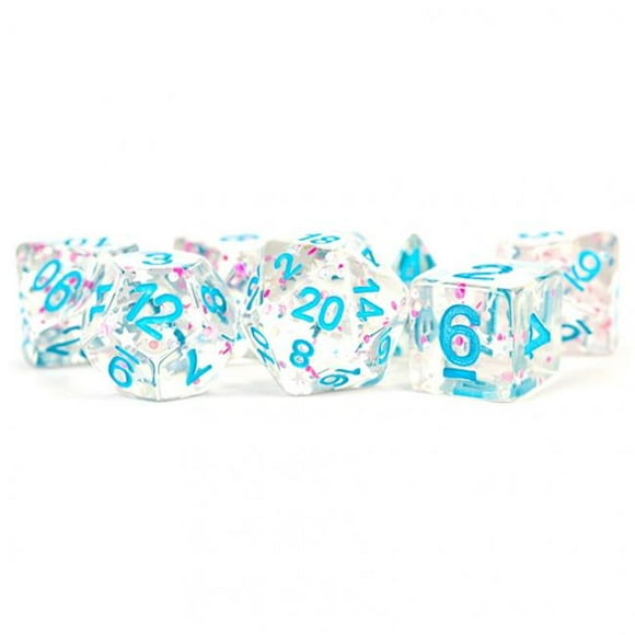 16 mm Clear Specialty Resin Dice with Pink & Blue Confetti & Blue Numbers - Set of 7