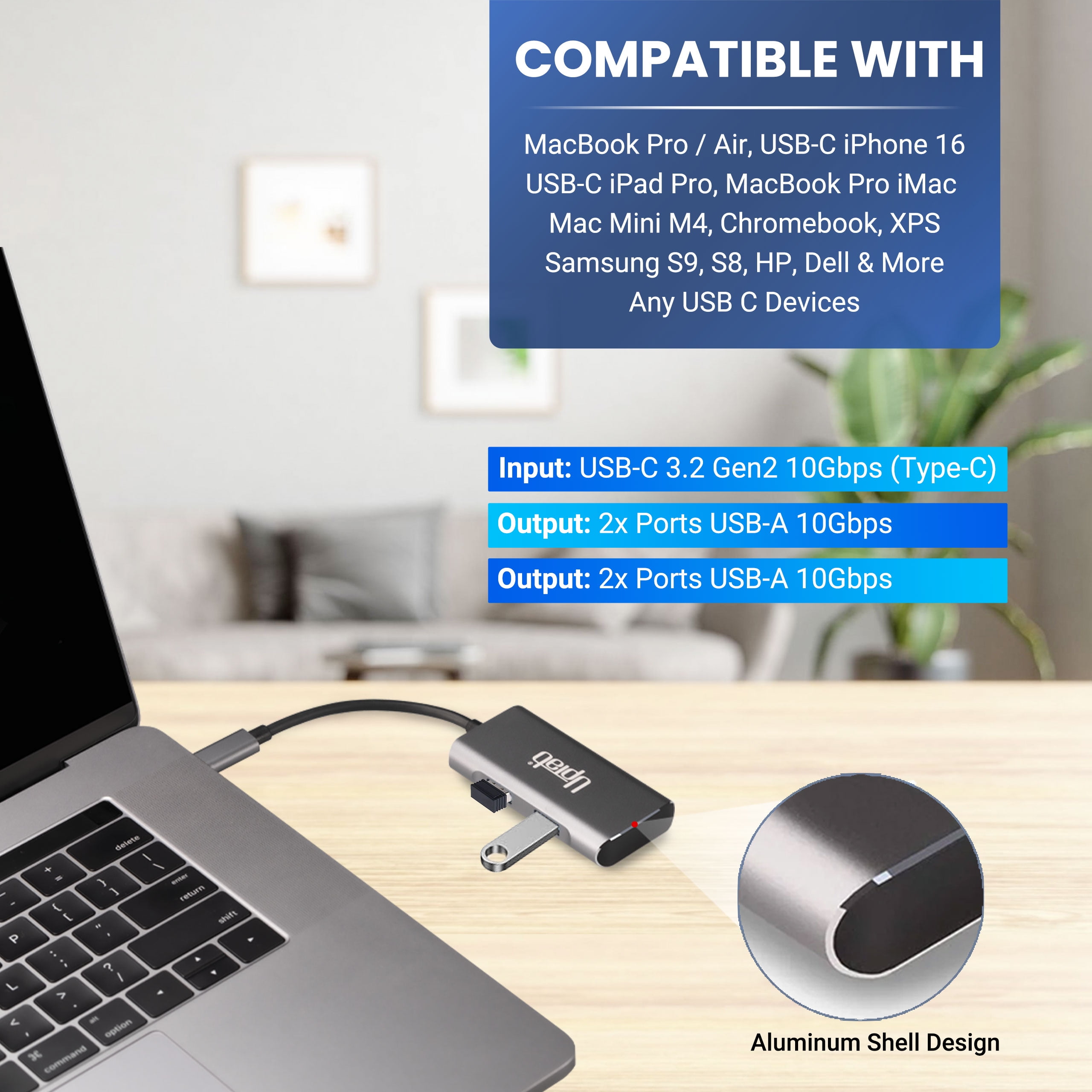 UPTab 4-Port USB-C Hub (10Gbps) with Dual USB-C and Dual USB-A Ports