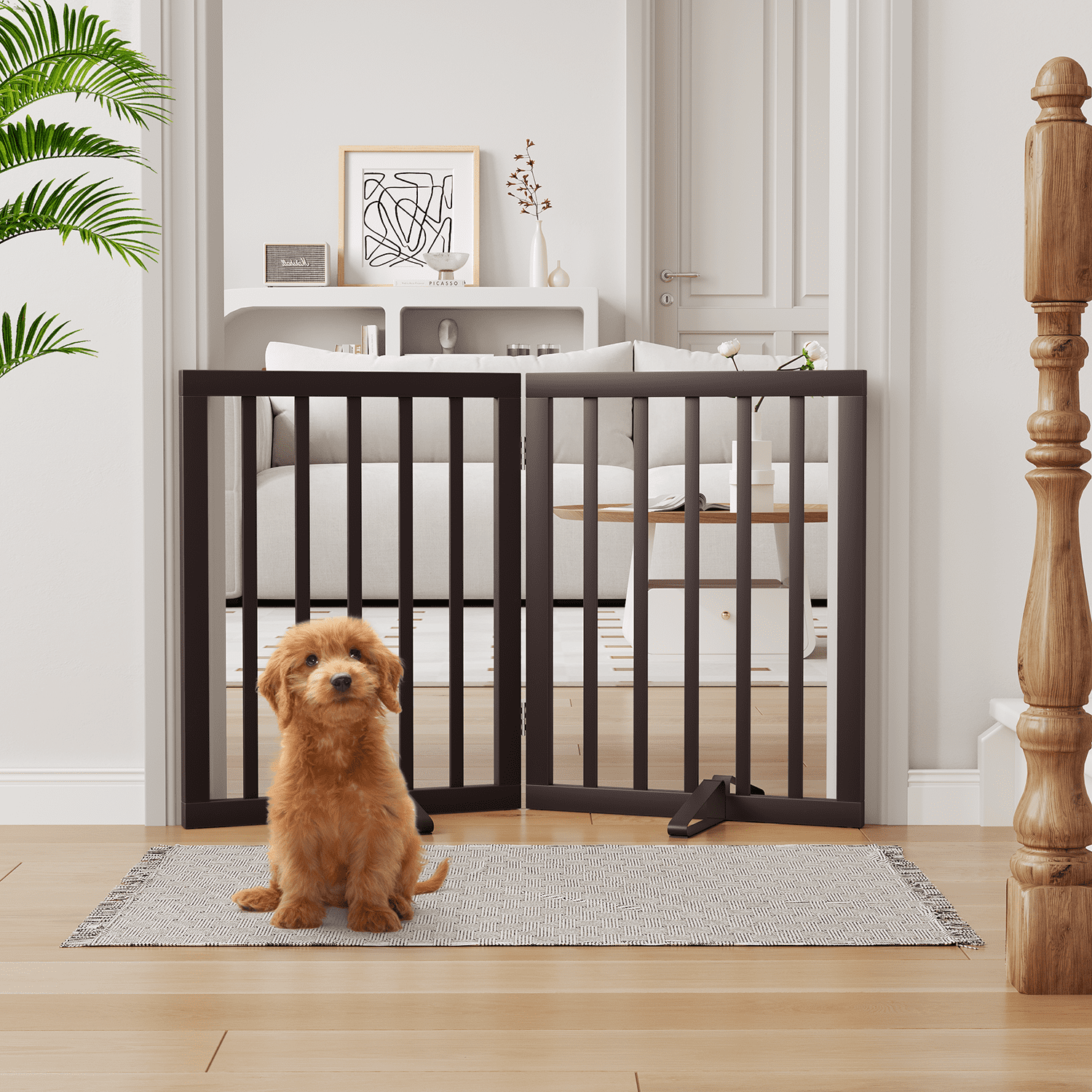 Smart FENDEE Bamboo Dog Gates for Doorways Freestanding Pet Gate, 2 Support Feet, 24"H, Brown