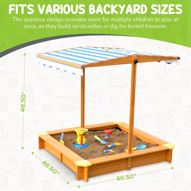 Turtleplay Covered Outside Wooden Sandbox with Adjustable Canopy