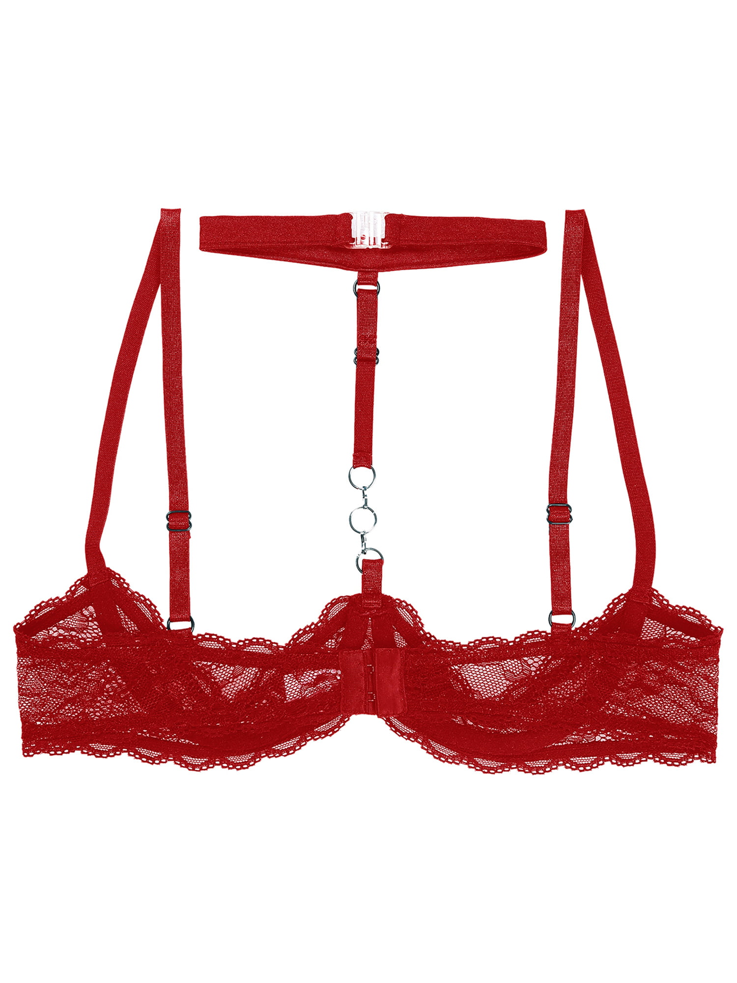 DPOIS Women's Lace 1/4 Cups Bra Halter Neck O Ring Underwire Red