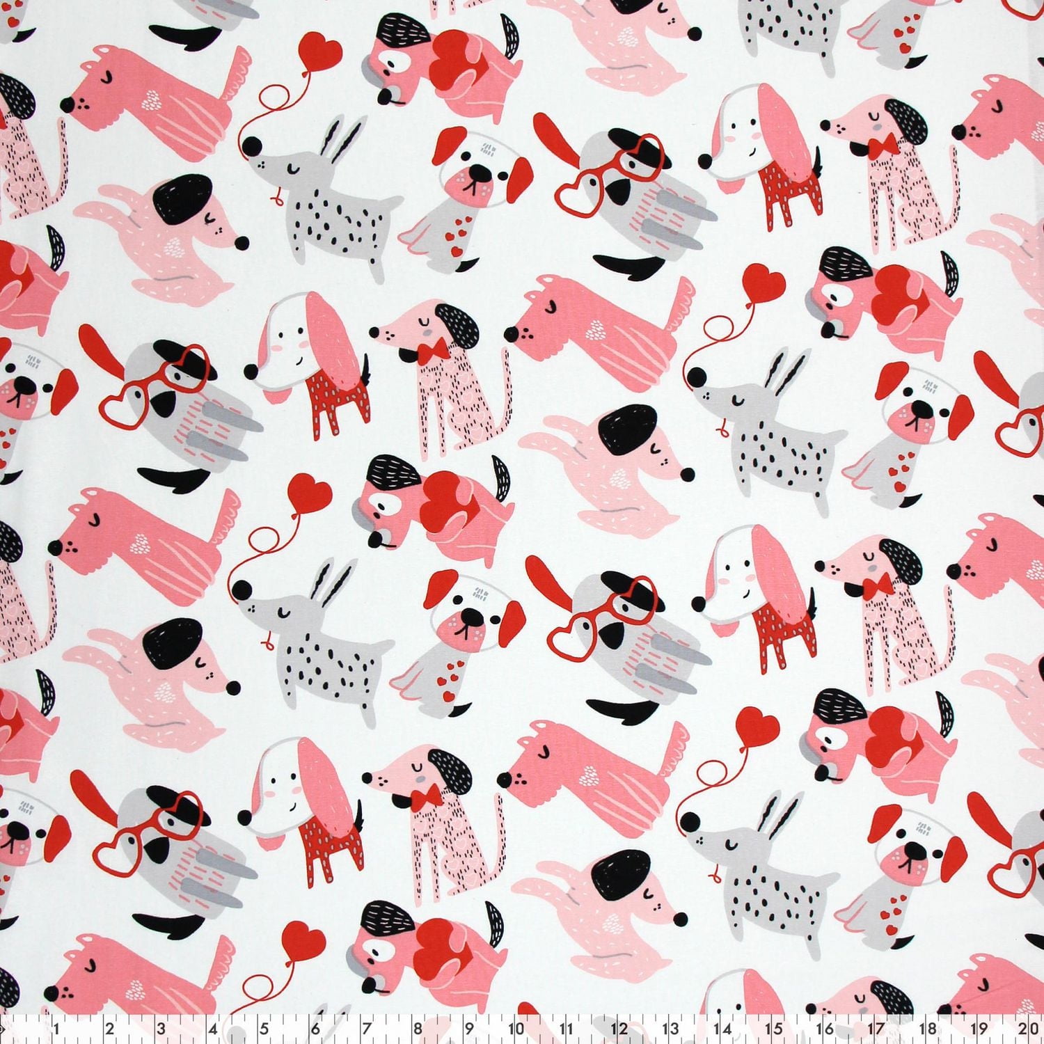 Fabric Creations White with Valentine Heart Dogs Cotton Fabric by the Metre