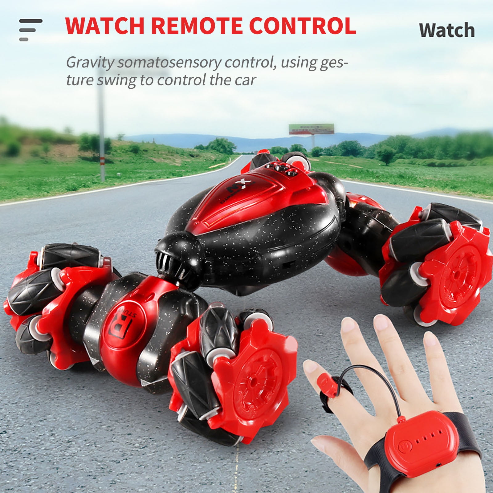 Red 4Wd Rc Climb Crawler Car 2.4Ghz Gesture Induction Twisting Off Road Vehicle With Led Light Stunt Toy 30M Control