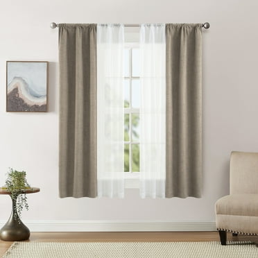 Mainstays Twill Blackout and Sheer Curtain Panel Set, 4-Piece, Brown, 27.5" W x 63" L