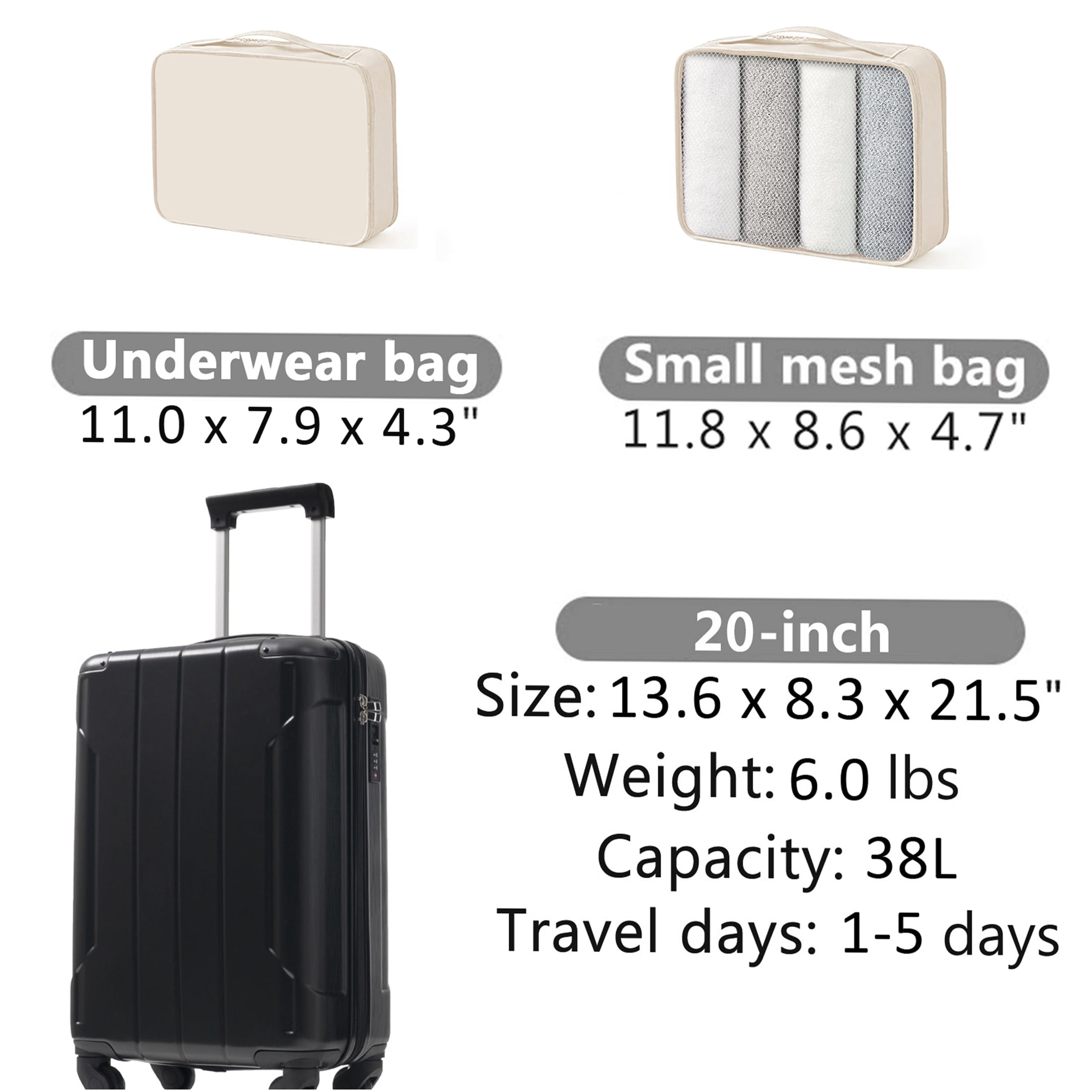 JERFIT 20-Inch Carry On Luggage with TSA Lock, Hardshell ABS Spinner Suitcase, Lightweight Check-In Approved Underseat Travel Bag, Includes Packing Cubes, Black