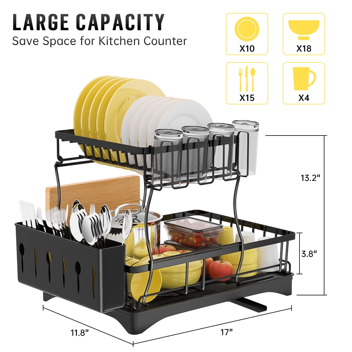 GPED 2 Tier Dish Drying Rack, Stainless Steel Dish Rack for Kitchen Counter, Kitchen Organizers and Storage Rack with Drainboard, Cutlery Holder, Cup Rack and Cutting Board Holder