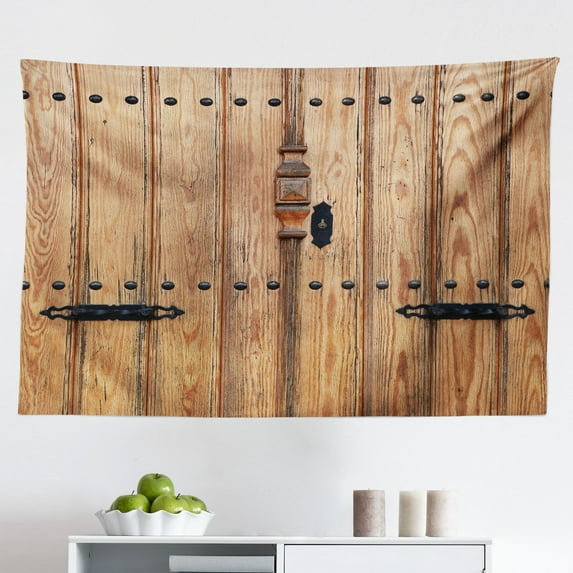 Rustic Tapestry, Abandoned Damaged Oak Barn Door with Iron Hinges and Lateral Cracks Knock Theme, Fabric Wall Hanging Decor for Bedroom Living Room Dorm, 2 Sizes, Pale Brown, by Ambesonne
