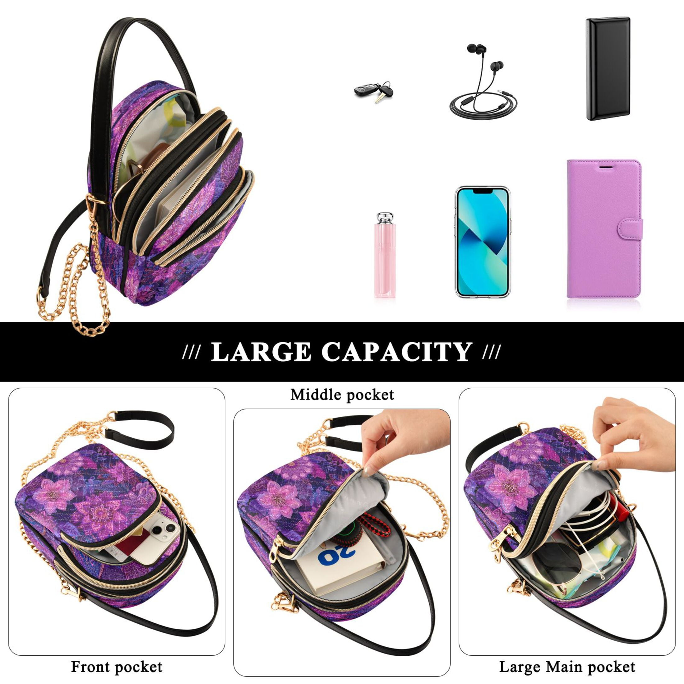 Quilted Women's Crossbody Bag Purses and Handbags with Detachable Leather Strap Lavender Bohemian Pattern