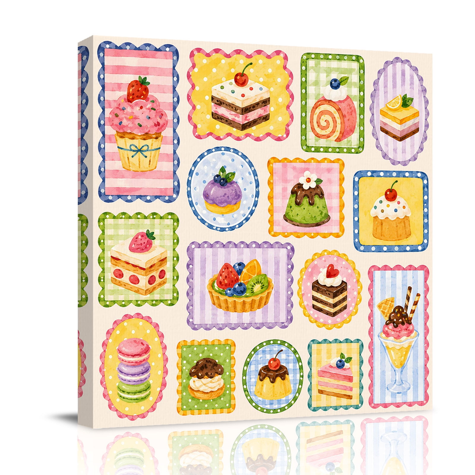 Canvas Wall Art Sweet Cake Patchwork Framed Canvas Prints for Living Room Bathroom Modern Cute Dessert Delightful Gallery Wrapped Wall Decor for Home Office Gifts 12 x12 Ship Next Day