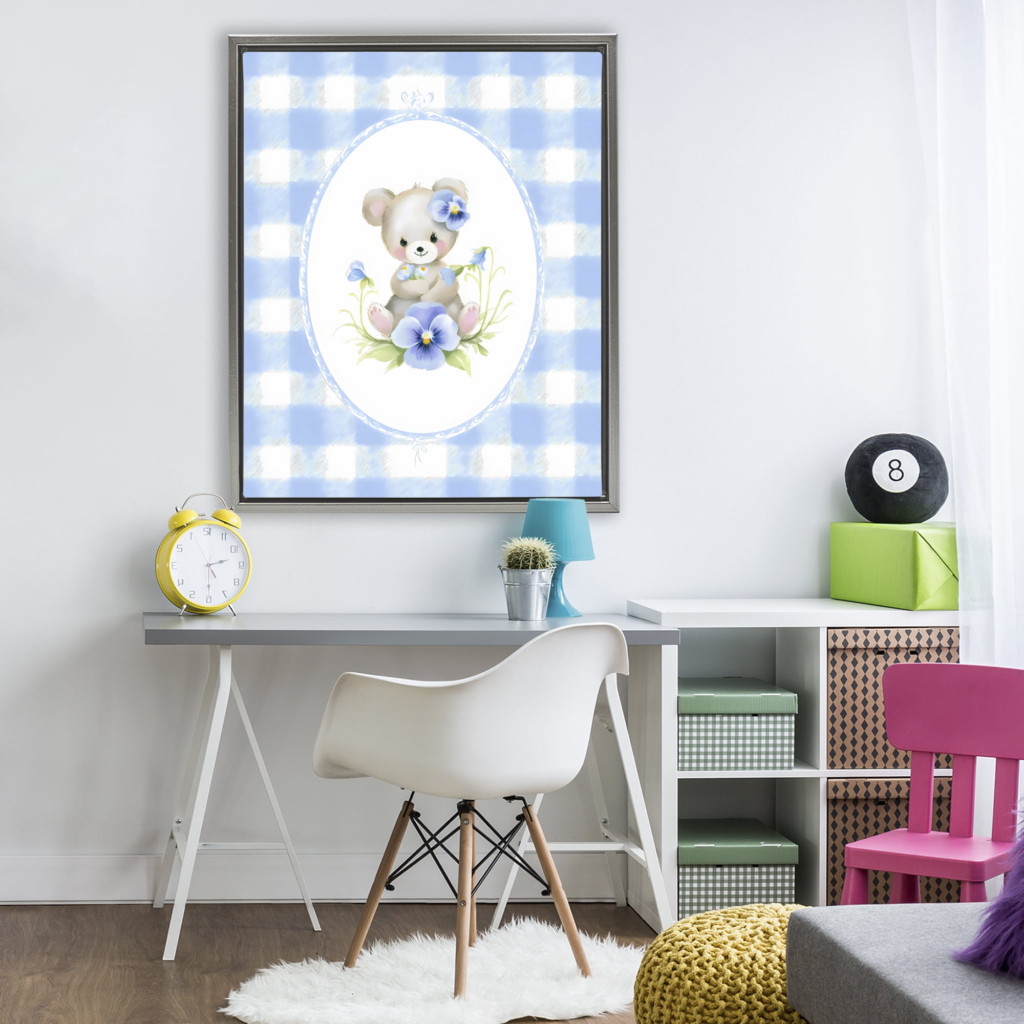Stupell Industries Little Bear Blue Gingham Gray Framed Floater Canvas Wall Art, design by Arlington Prints