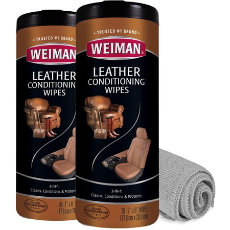 Weiman Leather Cleaner Wipes - 2 Pack with Microfiber Cloth - Clean Condition