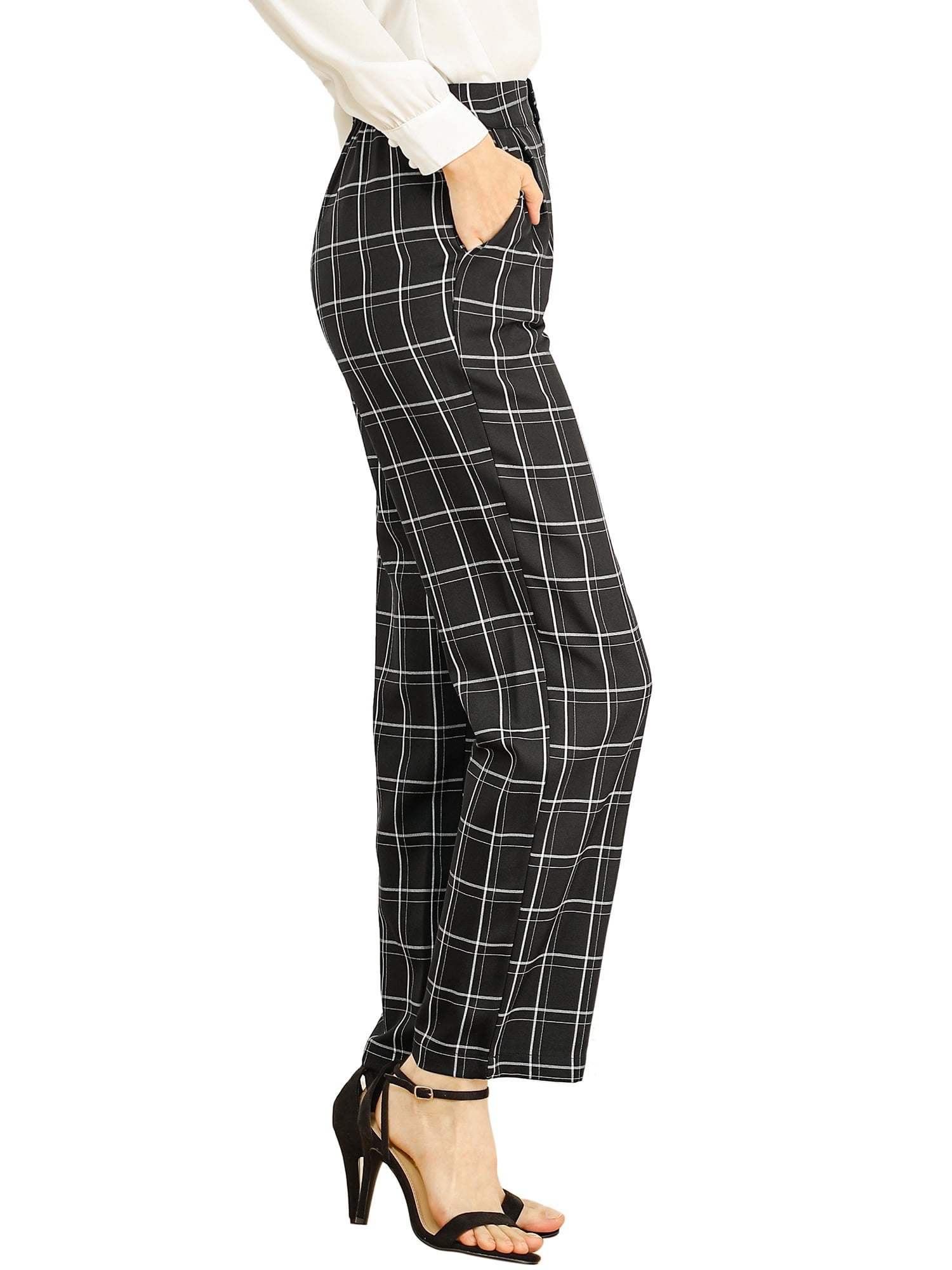 DARING DIVA Women's Plaid Trousers Pockets Straight Leg Casual Pant M Black