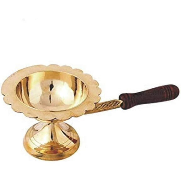 BishtHub Brass Dhoop Dhuni Handcrafted Incense Burner Incense Censor Sambrani Dhoop with Wooden Holder Pooja Item for Home Fragrance- 5.5 Inch Length