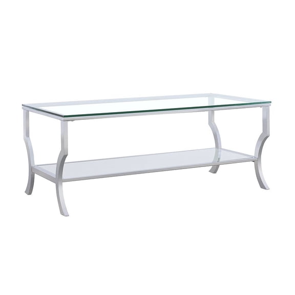 FurniFact Coffee Table, Glass Top, Chrome Metal, Mirrored Shelf