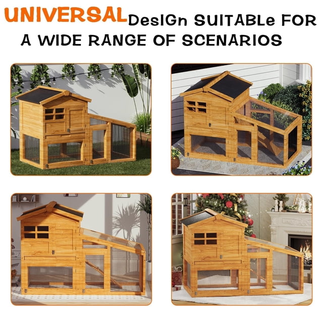 Kojooin 2-Tier Rabbit Hutch, 54 in Wooden Bunny Cage with Non-Slip Ramp and Removable Tray, Weatherproof Small Animal Hutch for Indoor Outdoor Use