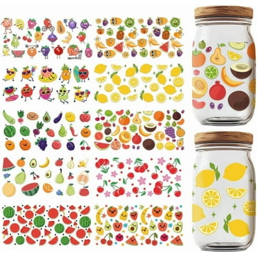 10 Sheets UV DTF Cup Wraps 10 Styles Fruit Transfer Stickers Waterproof Transfer Stickers Cartoon Rub on Decals for Glass Cups Wood Crafts