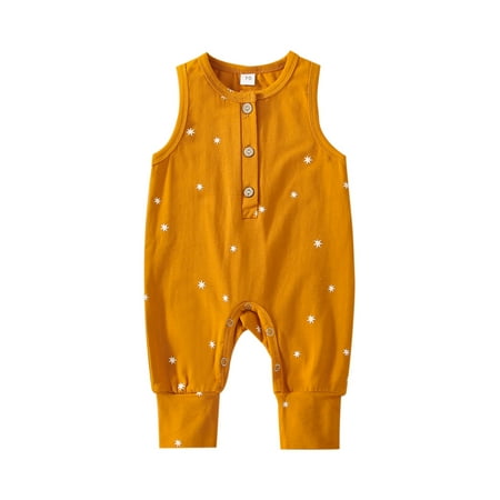 

Canrulo Newborn Baby Boy Girl Sleeveless Romper Summer Star Print Jumpsuit Cotton Button Playsuit Clothes Yellowish Brown 12-18 Months