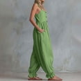 thumbnail image 6 of Women Button Down Cotton Jumpsuits Plain Strap Sleeveless Casual Wide Legs Rompers Loose Overall with Pockets, 6 of 6