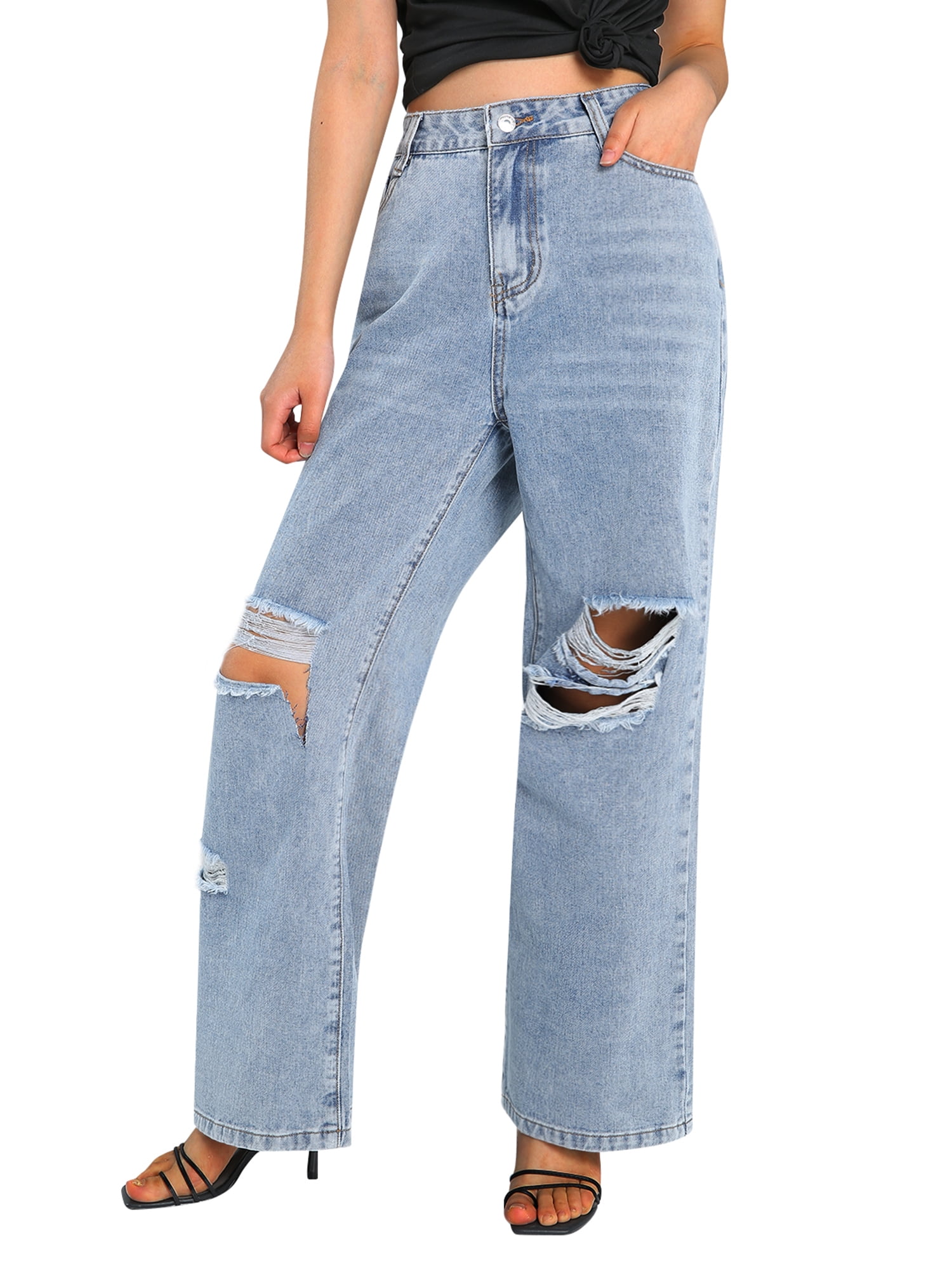 Musuos Women Y2 Baggy Jeans High Waisted Wide Leg Straight Ripped Denim ...