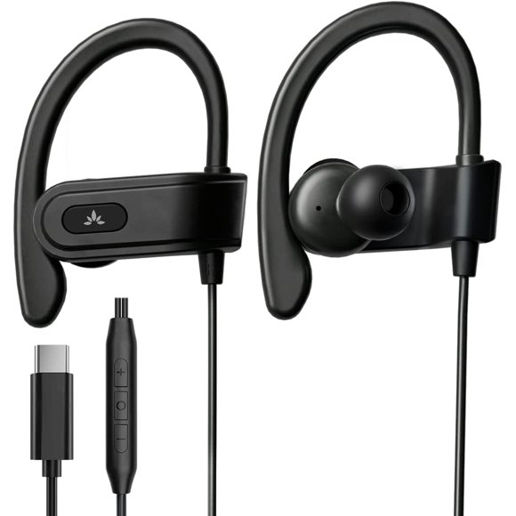 Avantree C171 Sports Earbuds Wired with Microphone, Sweatproof Wrap Around Earphones with Over Ear Hook (USB C, Black)