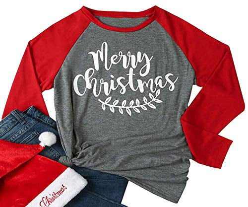 Plus Size Merry Christmas Baseball T-Shirt Women 3/4 Sleeve Holiday Splicing Tee Tops 