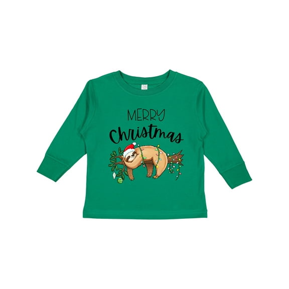 Inktastic Merry Christmas Cute Sloth with Santa Hat and Lights Boys or Girls Long Sleeve Toddler T-Shirt