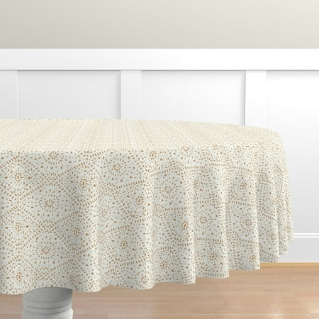 

Cotton Sateen Tablecloth 90 Round - Boho Modern Diamond Dots Ochre Neutral Print Custom Table Linens by Spoonflower