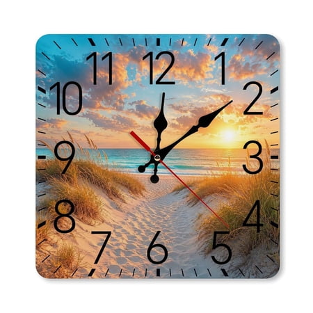 RKSupls 10×10inch Square Silent Wall Clock Wooden Frame, Sand Dunes Beach Path Scale Decorative Clock for Home Bedroom Living Room Office