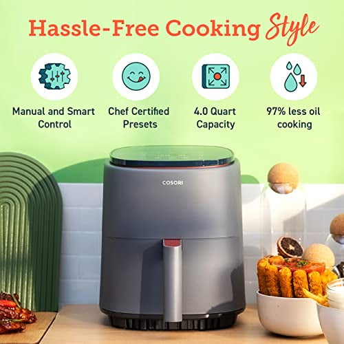 Cosori Air Fryer 4 Qt, Cooking For 2, Up To 450?, 7 Cooking Functions, Smart Control, (Free App With 150+ Recipes), Easy To Use, Dishwasher Safe, Lite 4.0-Quart Smart Air Fryer, Matte Gray