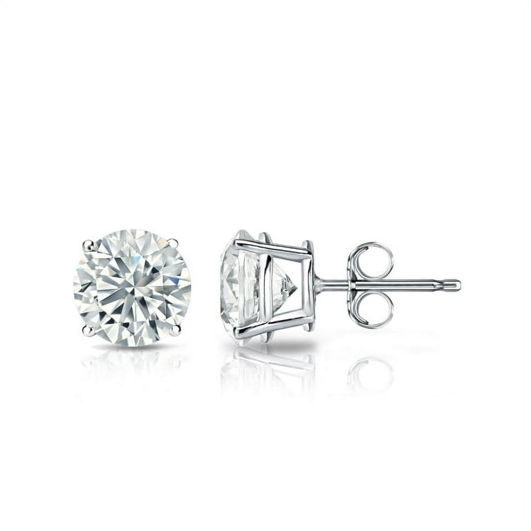 JeenMata 4 Prong 2 Carat Round Shaped Moissanite Solitaire Stud Earrings In  18K White Gold Plating Over Silver 