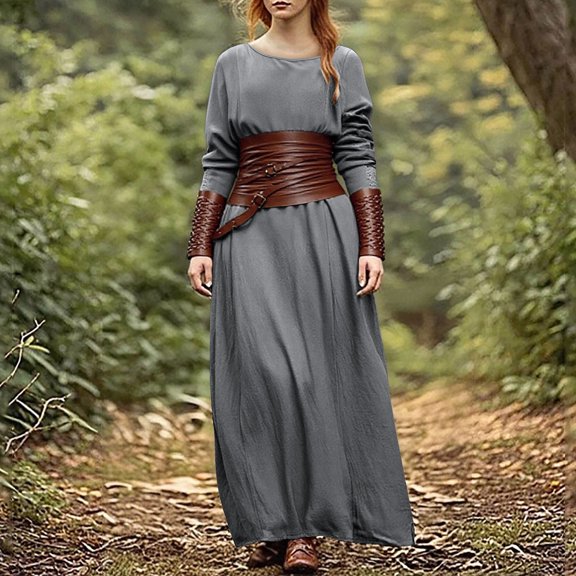 Haivin Women's Medieval Retro Dress, Solid Color Round Neck Long Sleeves Slim Fit Long Length, Vintage Style Elegant, for Daily Wear Parties and Costume Events