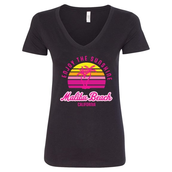 Inktastic Summer Enjoy the Sunshine Malibu Beach California in Pink Women's V-Neck T-Shirt