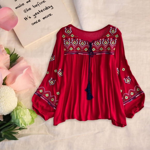 Tops bordados mexicanos para mujer, bohemios, para vacaciones de verano, trabajo al aire libre, playa Rojo