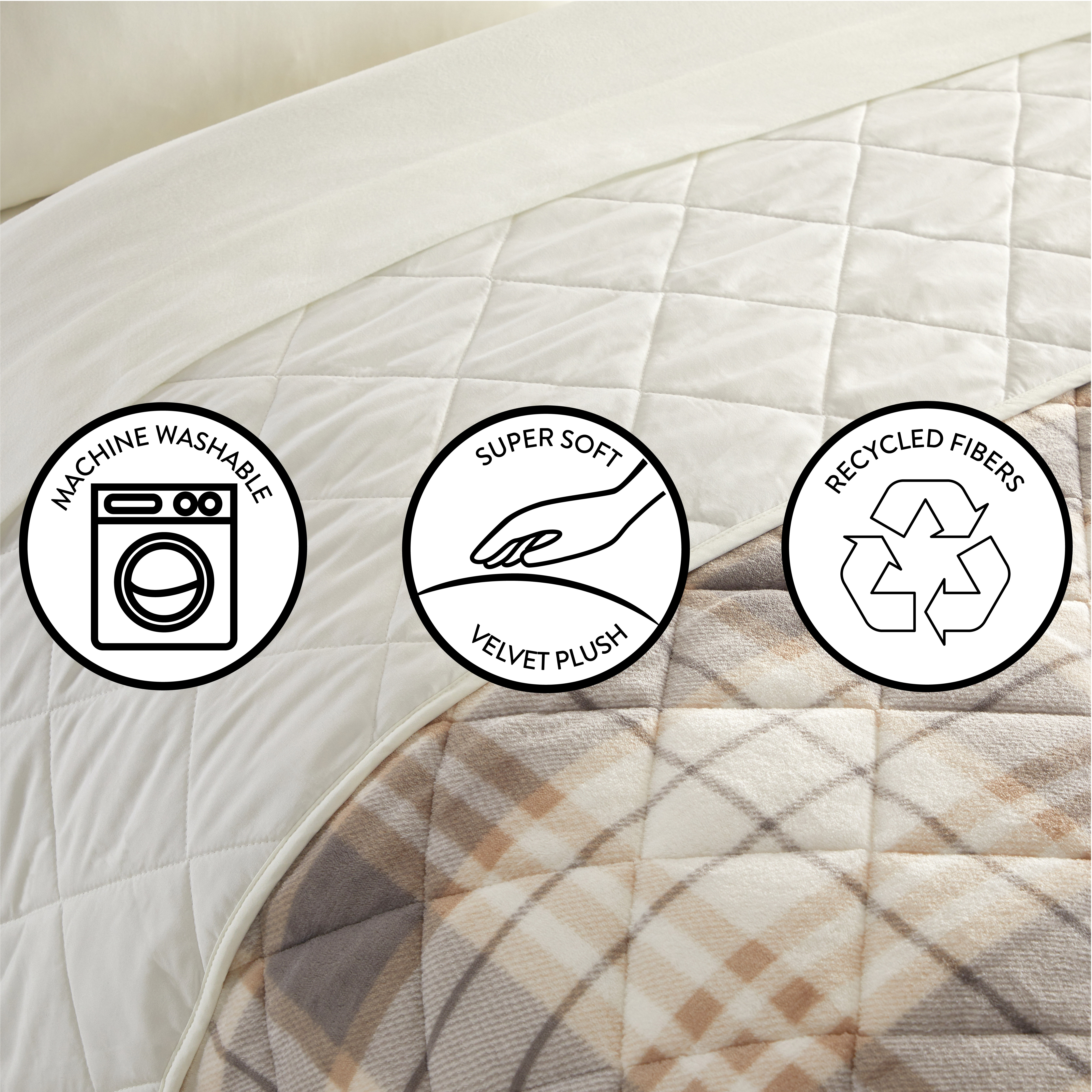 Dearfoams Beige Plaid Velvet Plush 7 Piece Quilt Bedding Set with Flannel Sheets, Queen