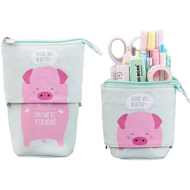 Veeki Portalápices de pie Estuche telescópico para lápices Transformador Caja para bolígrafos Bolsa de papelería linda de dibujos animados, lona + PU Bolsa para cosméticos Soporte para bolígrafo