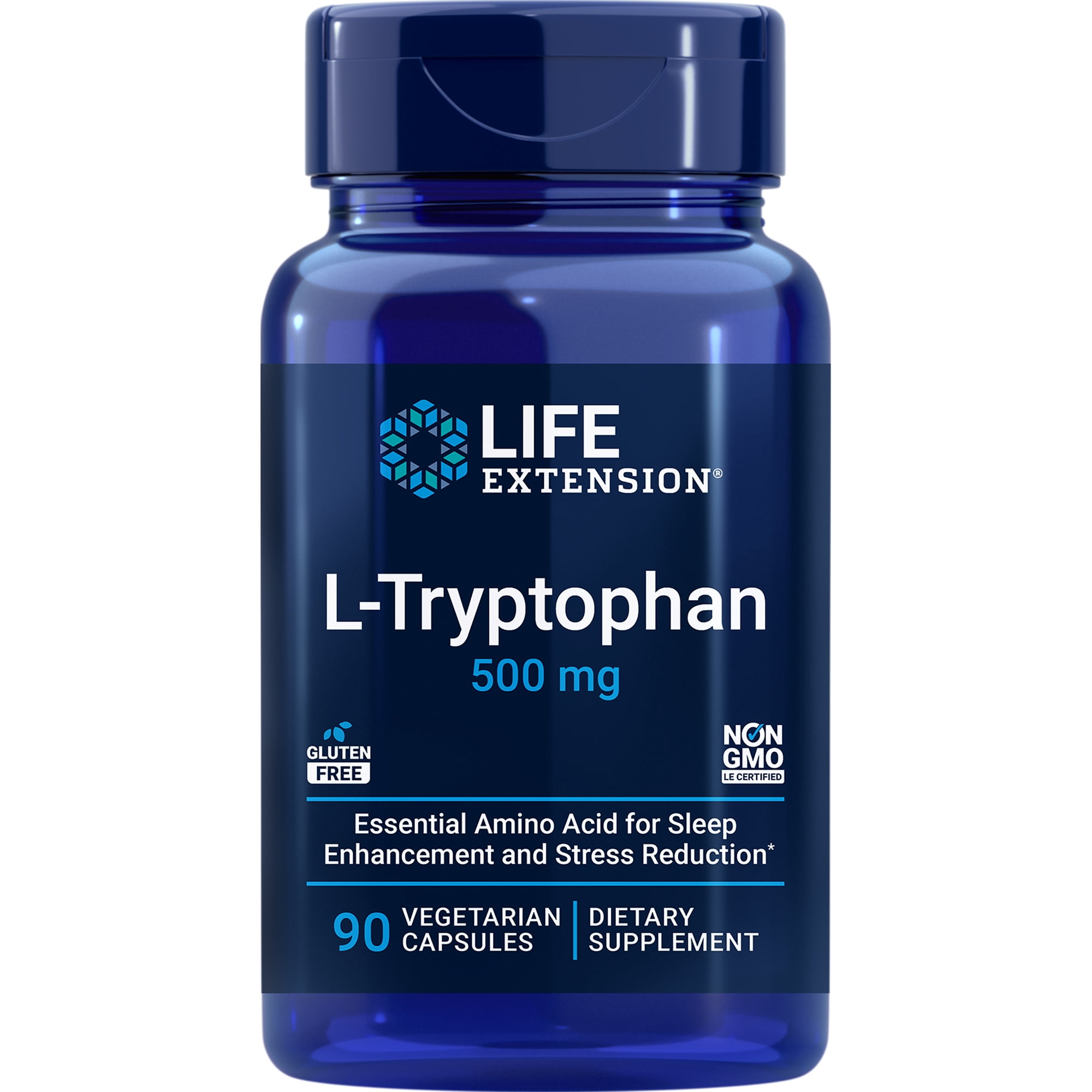 Life Extension L-Tryptophan 500 mg â L-Tryptophan Supplement for Healthy Sleep and Stress Response Support â Gluten-Free, Non-GMO, Vegetarian â 90 Capsules