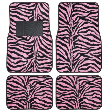 A Set of 4 Universal Fit Animal Print Carpet Floor Mats for Cars / Truck / SUV - Pink