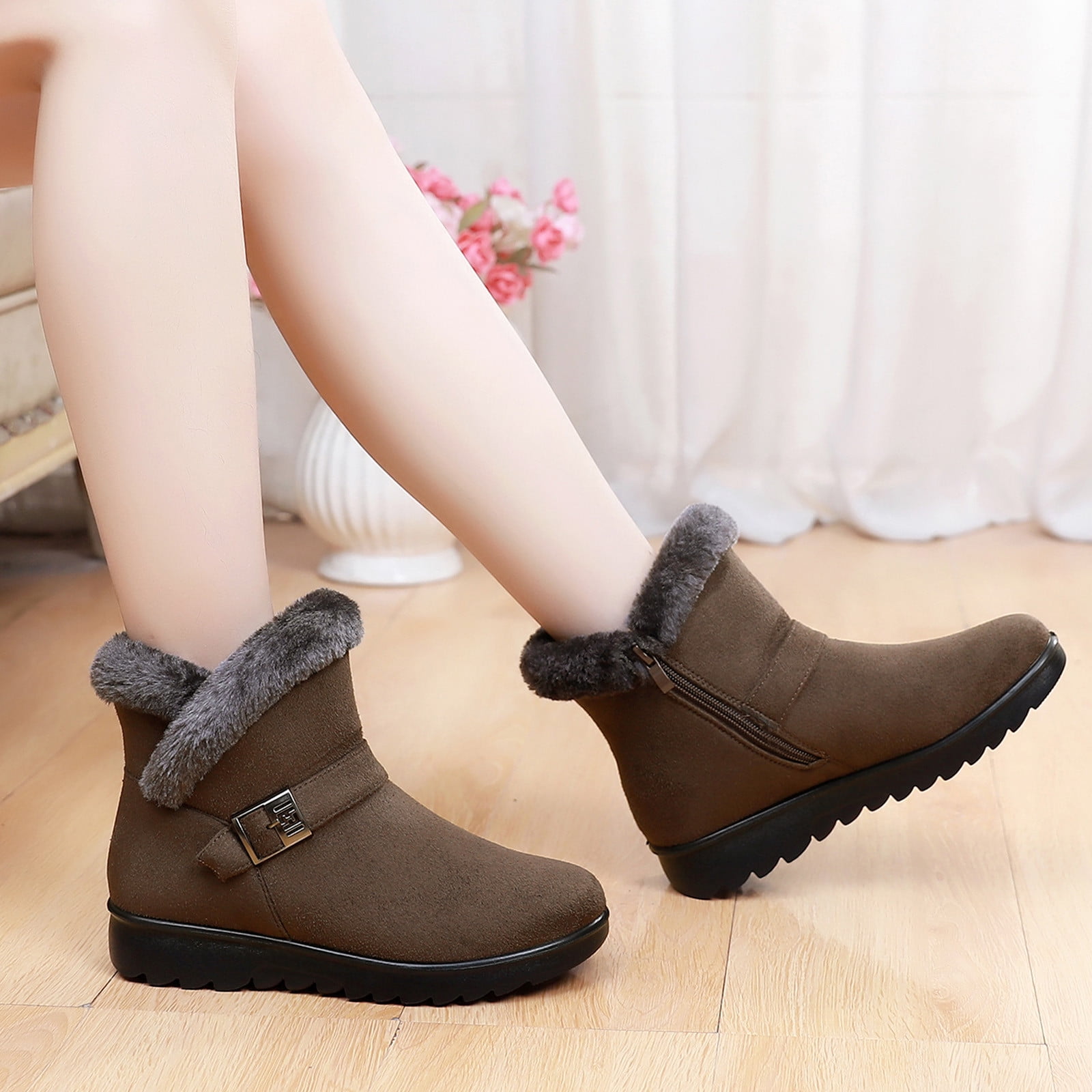 VERUGU Women's Hiking Boot, Snow Boots Winter Flat Shoes Slip On Ankle Booties Anti-Slip Water Resistant Fully Fur Lined Outdoor Sneakers Warm Cotton Shoes