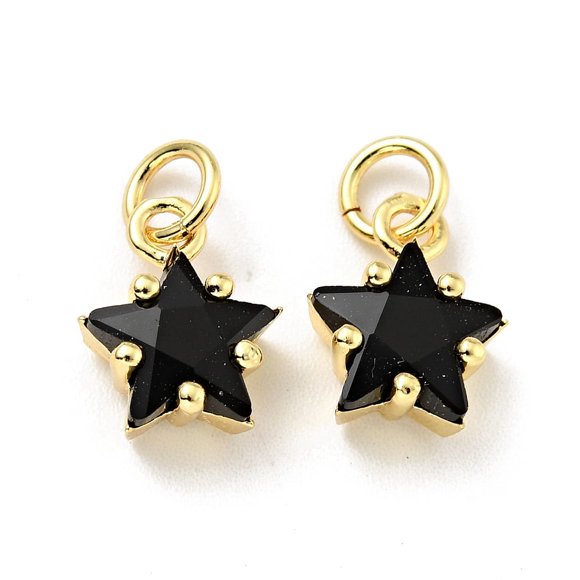 20pc Eco-friendly Brass Micro Pave Cubic Zirconia Pendants with Jump Ring Cadmium Free & Lead Free Real 18K Gold Plated Star Black 11x8.5x5mm Hole: 3.2mm