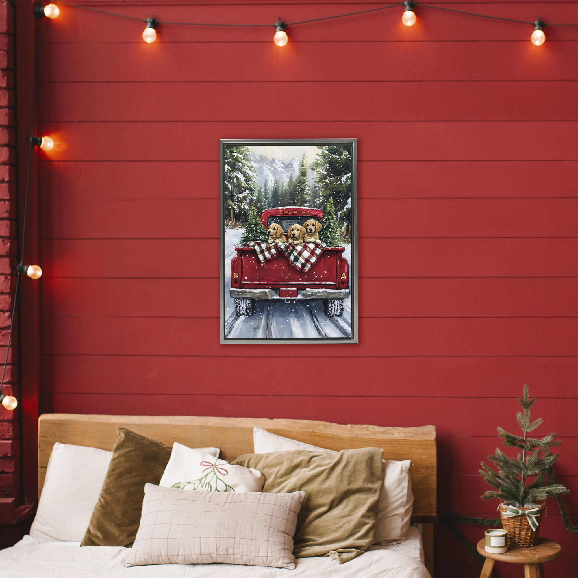 Golden Pups Christmas Truck Gray Framed Floater Canvas Wall Art, design by Petal Prints Design