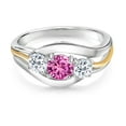 thumbnail image 2 of Gem Stone King 1.21 Cttw Round Pink Created Sapphire and White Topaz 3 Stone Ring for Women | 925 Sterling Silver and 10K Yellow Gold | Three Stone Wedding Engagement Anniversary Ring | Size 7, 2 of 3
