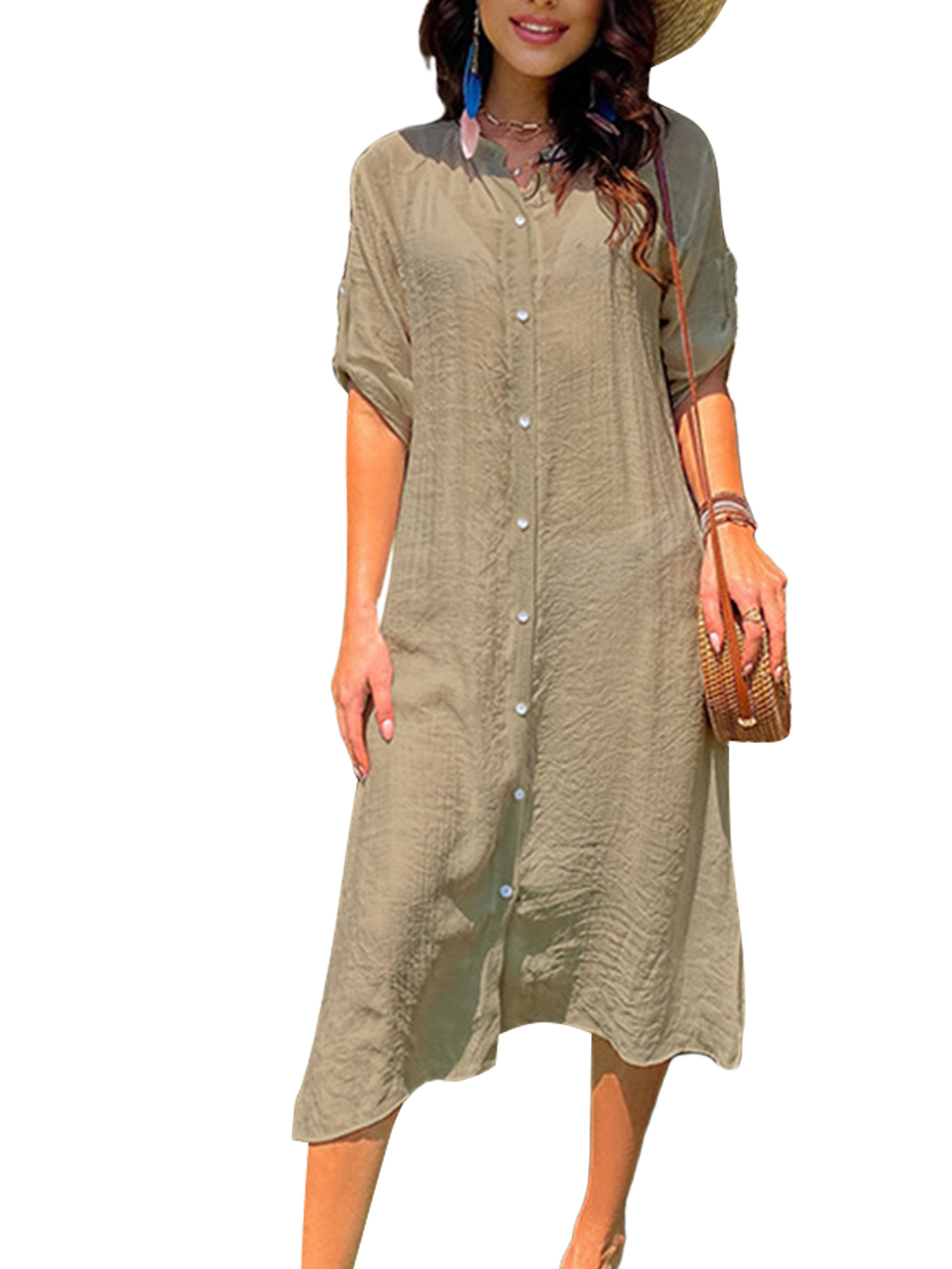 Frontwalk Women Flowy Roll Sleeve Swimsuit Sun Protection Baggy Maxi