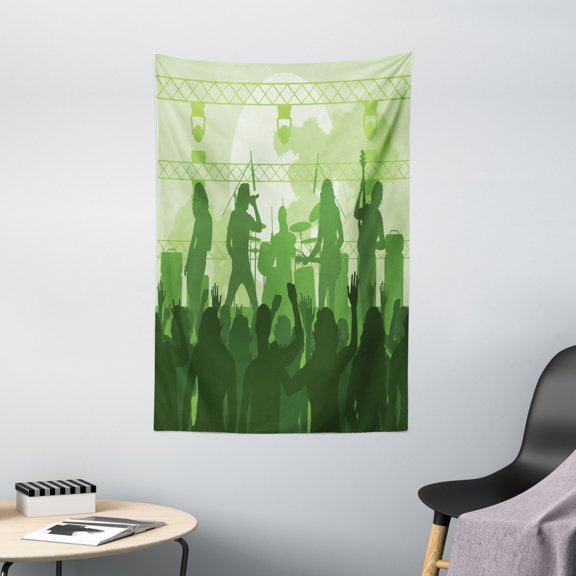 Music Tapestry, Rock Concert Concept Band Performing on the Stage and Singing Festival, Wall Hanging for Bedroom Living Room Dorm Decor, 40"W X 60"L, Green Dark Green Green, by Ambesonne