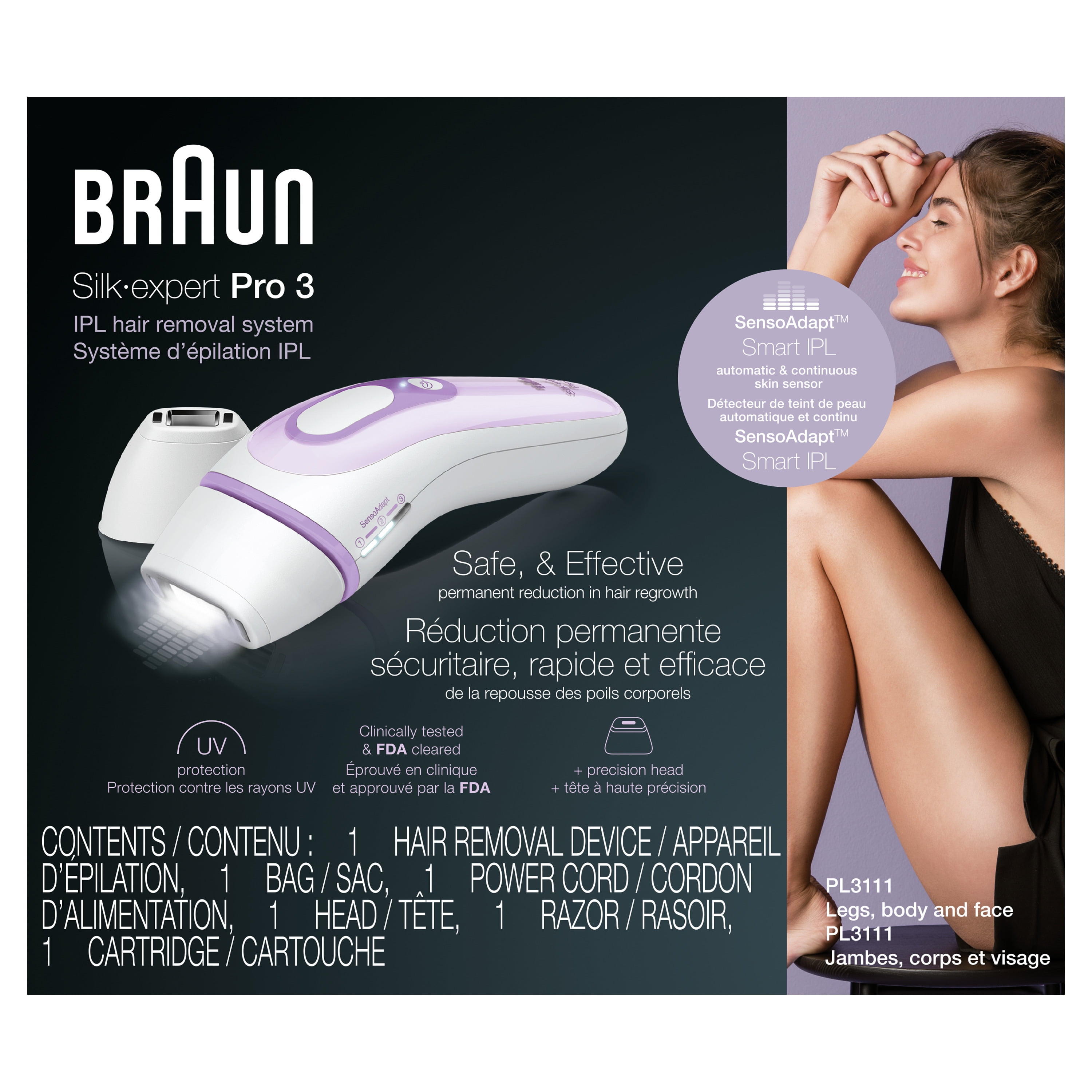  Braun Depilación IPL para mujeres y hombres, Silk Expert Pro 3  PL3111 con maquinilla de afeitar Venus suave, sistema de depilación de  larga duración para cuerpo y cara, con cable 