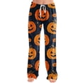 thumbnail image 3 of Halloween Pajama Pants for Women, Cute Neon Ghost & Pumpkin Graphic Lounge Bottoms with Adjustable Drawstring Waist, Soft Breathable Sleep Trousers, 1 Pair Yellow L, 3 of 5