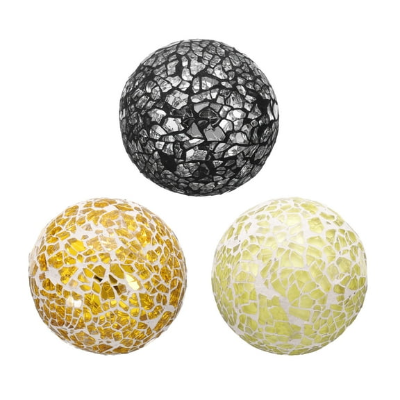 Uxcell 3Pcs Decorative Glass Balls 2.36 Inch Orbs Centerpiece Balls Mosaic Glass Ball Sphere for Decor Bowls Vases Dining Table Party, Silver Black, Gold Tone, Light Yellow