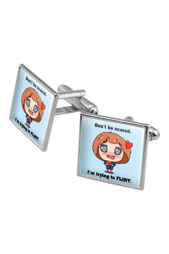 Don't Be Scared I'm Trying to Flirt Kawaii Chibi Heart Square Cufflink Set - Silver or Gold
