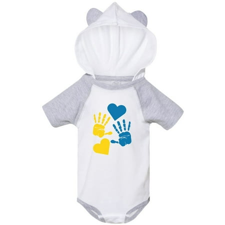 

Inktastic Down Syndrome Awareness with Handprints and Hearts Blue and Yellow Gift Baby Boy or Baby Girl Bodysuit