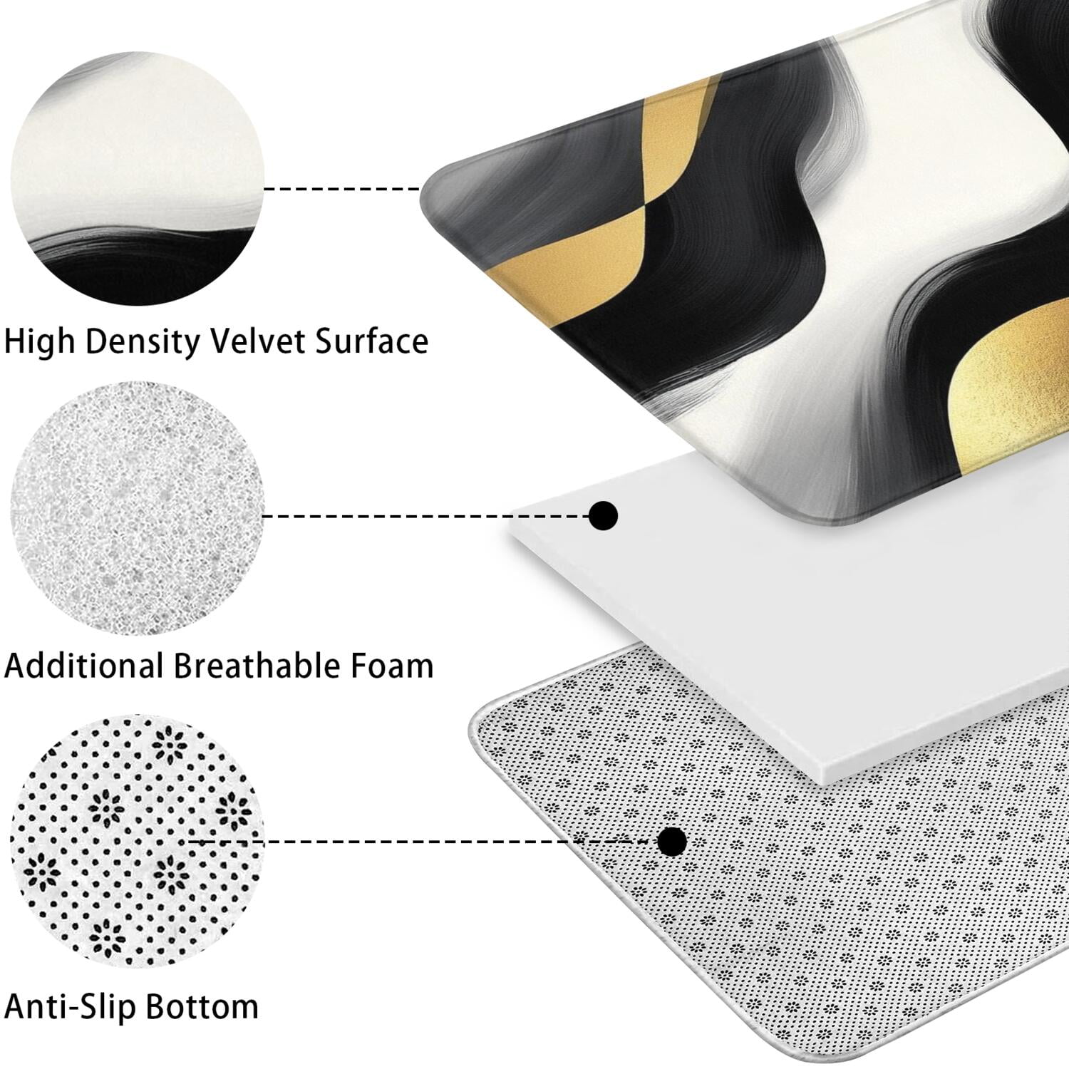 Black White Marble Gold Wave Pattern Bathroom Rugs Sets 3 Piece,Toilet Cover Set,Absorbent Non Slip Bathroom Mats Sets with U-Shaped Contour Rug Toilet Rug Set