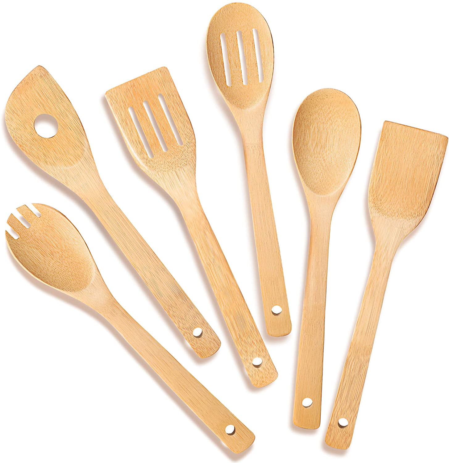 6 Piece Bamboo Kitchen Cookware Tool Set Spoon Spatula Turner with Holder Wooden Cooking Utensils Set Tools 